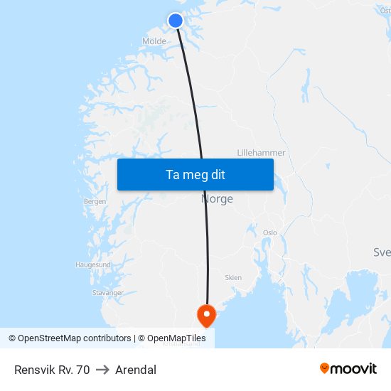 Rensvik Rv. 70 to Arendal map