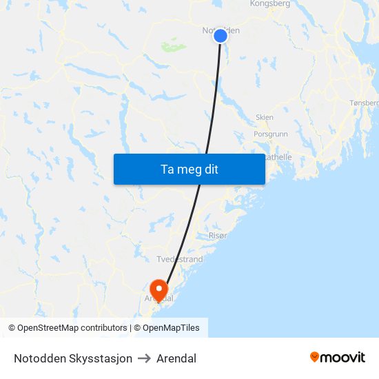 Notodden Skysstasjon to Arendal map