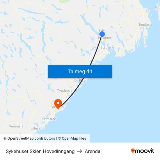 Sykehuset Skien Hovedinngang to Arendal map
