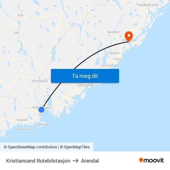 Kristiansand Rutebilstasjon to Arendal map