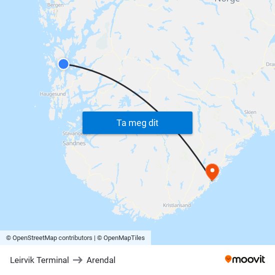 Leirvik Terminal to Arendal map