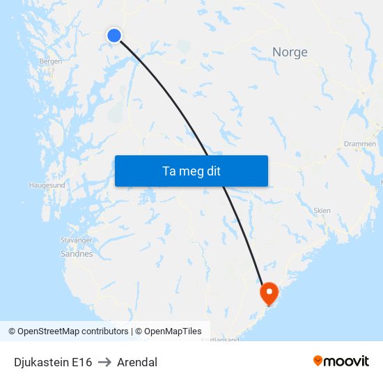 Djukastein E16 to Arendal map