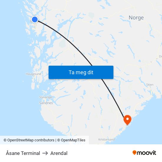 Åsane Terminal to Arendal map