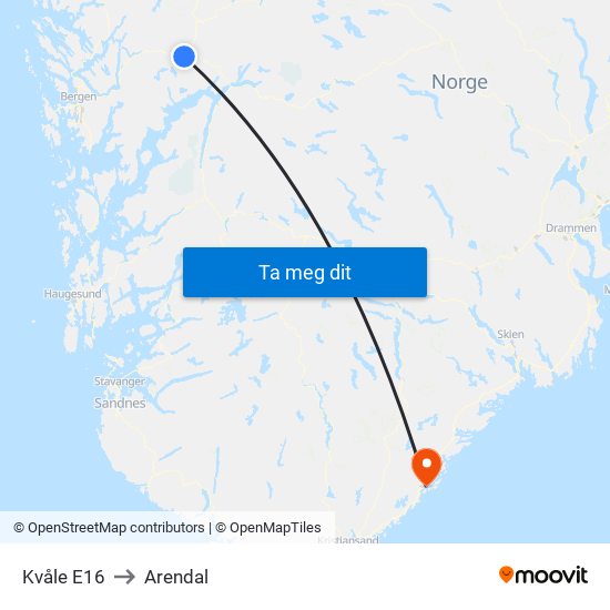 Kvåle E16 to Arendal map