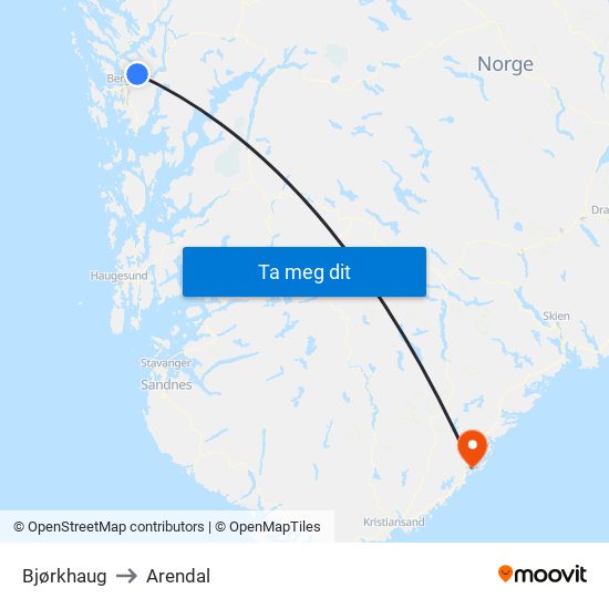 Bjørkhaug to Arendal map