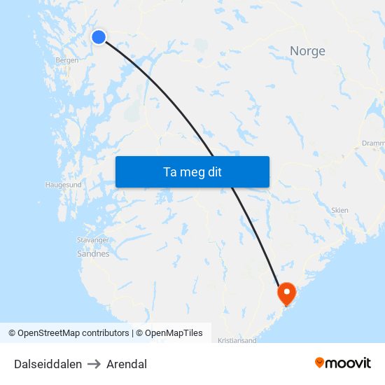 Dalseiddalen to Arendal map