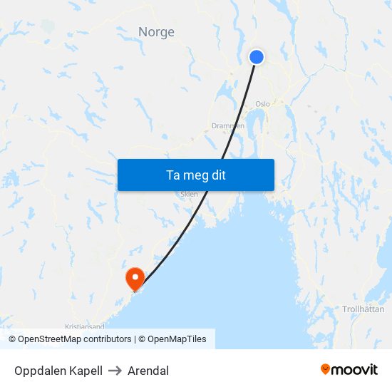 Oppdalen Kapell to Arendal map