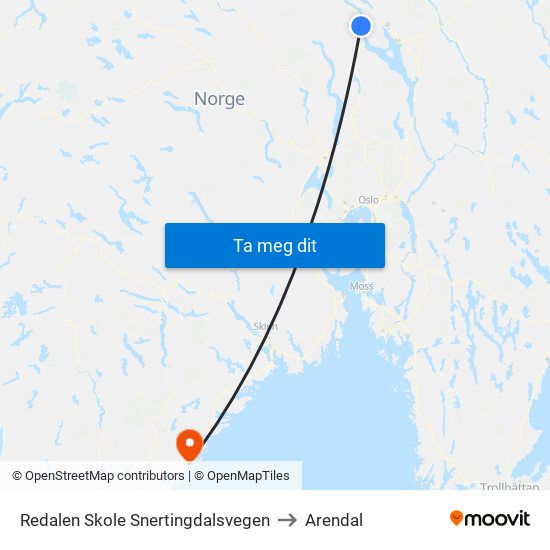 Redalen Skole Snertingdalsvegen to Arendal map