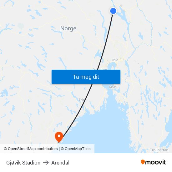 Gjøvik Stadion to Arendal map