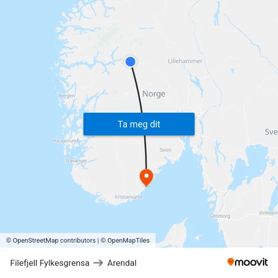 Filefjell Fylkesgrensa to Arendal map