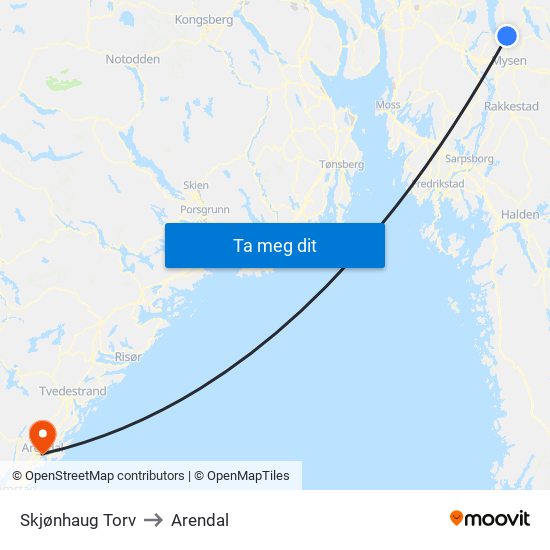Skjønhaug Torv to Arendal map
