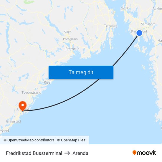 Fredrikstad Bussterminal to Arendal map