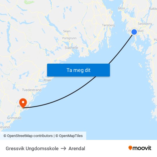 Gressvik Ungdomsskole to Arendal map