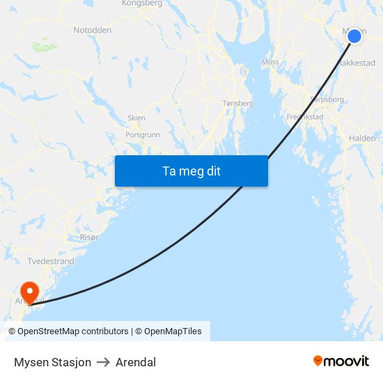 Mysen Stasjon to Arendal map