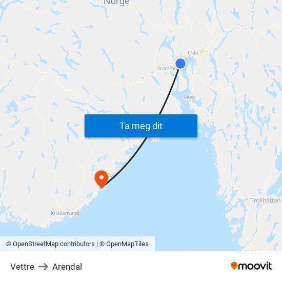 Vettre to Arendal map