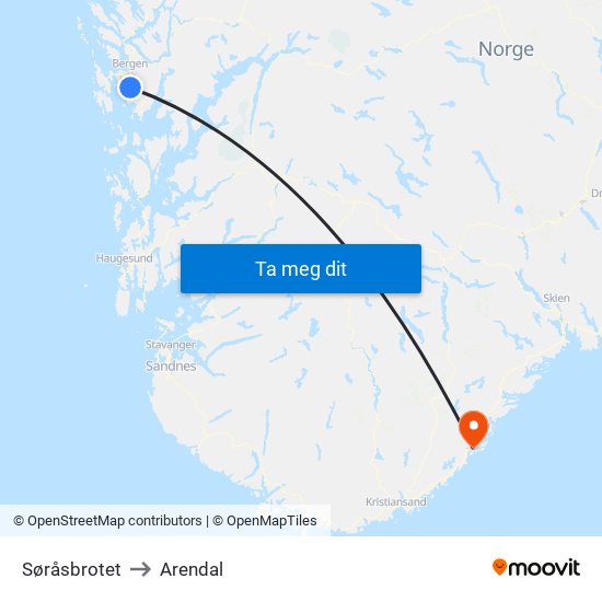 Søråsbrotet to Arendal map