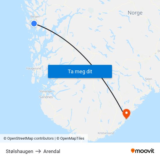 Stølshaugen to Arendal map