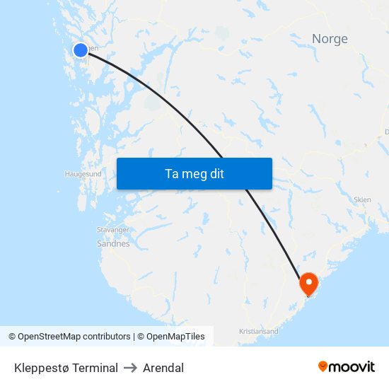 Kleppestø Terminal to Arendal map