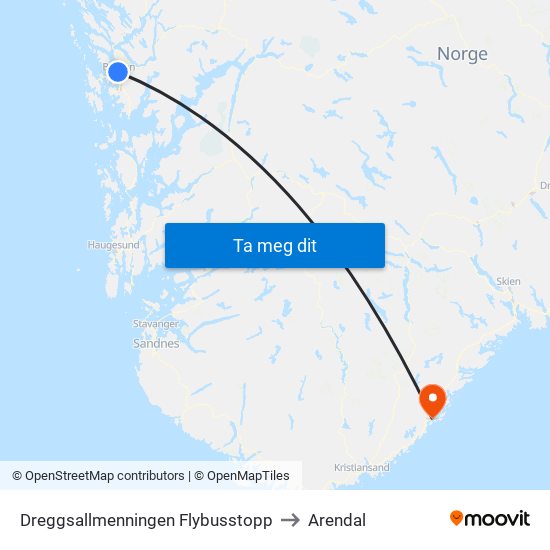 Dreggsallmenningen Flybusstopp to Arendal map