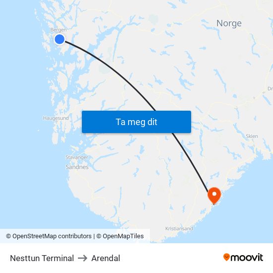 Nesttun Terminal to Arendal map