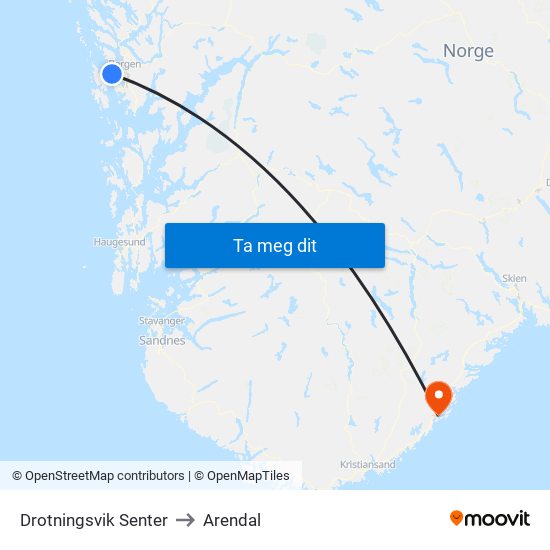 Drotningsvik Senter to Arendal map