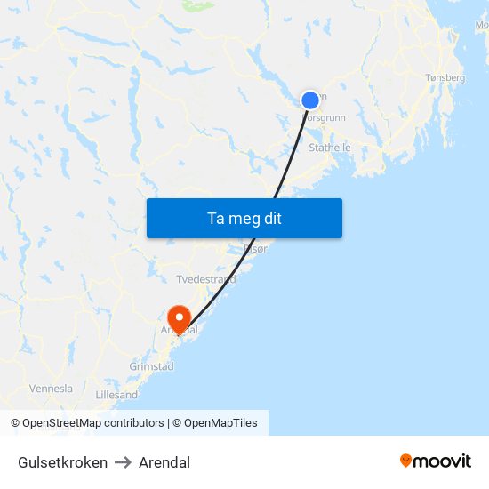Gulsetkroken to Arendal map