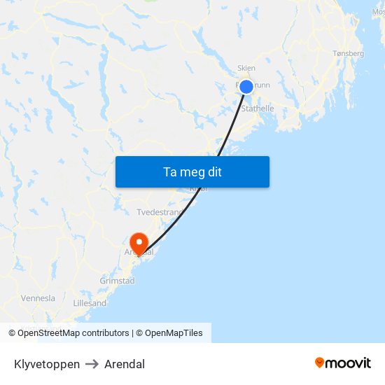 Klyvetoppen to Arendal map