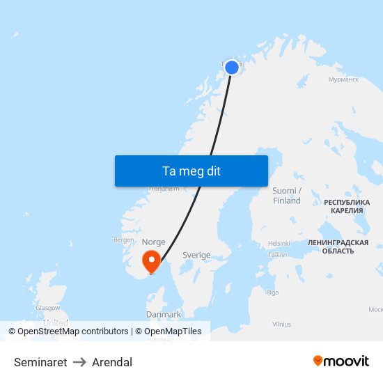 Seminaret to Arendal map