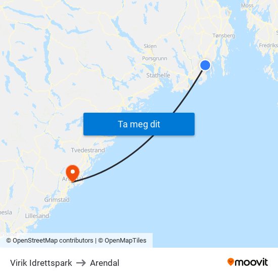 Virik Idrettspark to Arendal map
