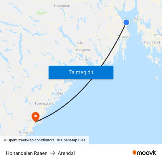 Holtandalen Raaen to Arendal map