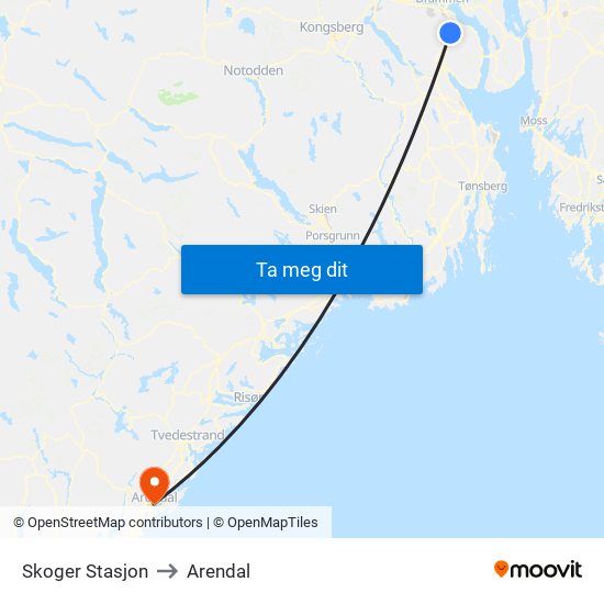 Skoger Stasjon to Arendal map