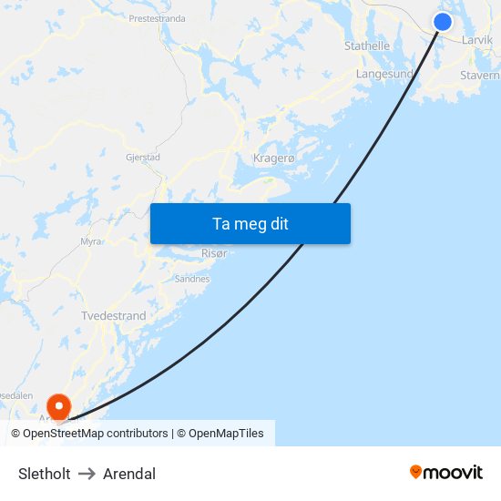 Sletholt to Arendal map