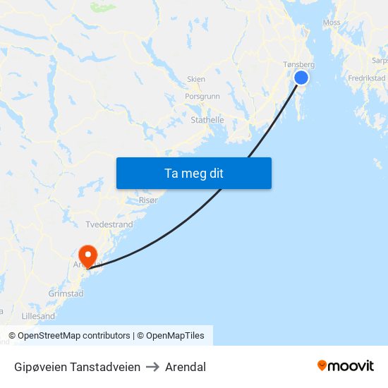 Gipøveien Tanstadveien to Arendal map