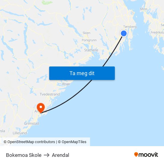 Bokemoa Skole to Arendal map