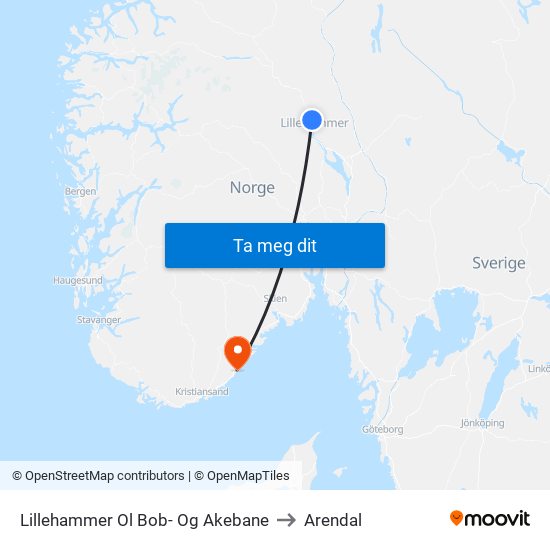 Lillehammer Ol Bob- Og Akebane to Arendal map