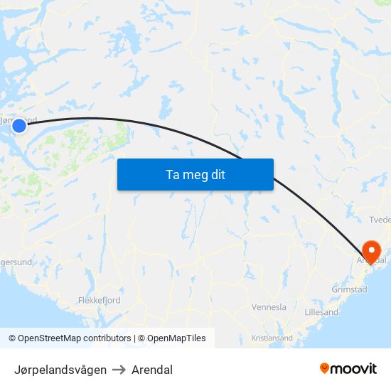 Jørpelandsvågen to Arendal map