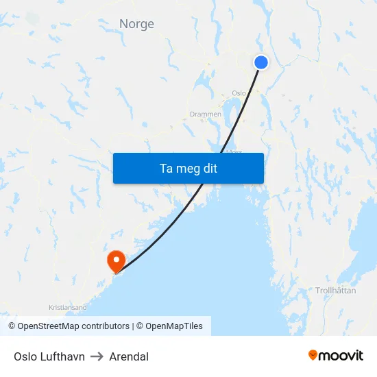 Oslo Lufthavn to Arendal map