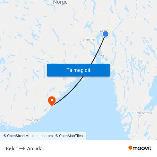 Bøler to Arendal map