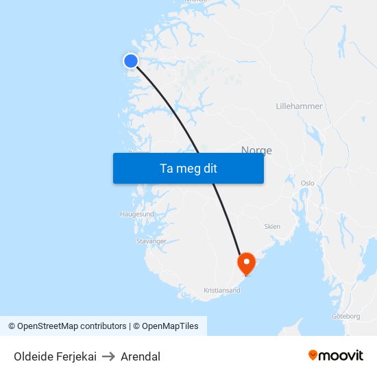 Oldeide Ferjekai to Arendal map