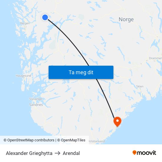 Alexander Grieghytta to Arendal map