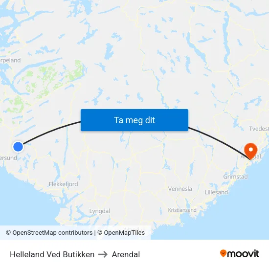 Helleland Ved Butikken to Arendal map