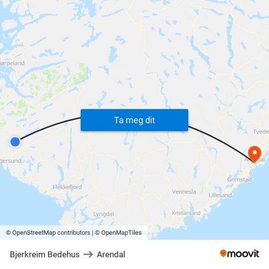 Bjerkreim Bedehus to Arendal map