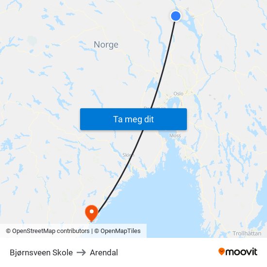 Bjørnsveen Skole to Arendal map