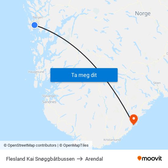 Flesland Kai Snøggbåtbussen to Arendal map