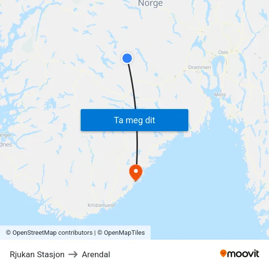 Rjukan Stasjon to Arendal map