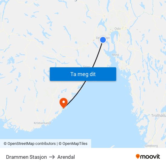 Drammen Stasjon to Arendal map