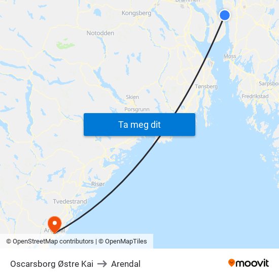 Oscarsborg Østre Kai to Arendal map
