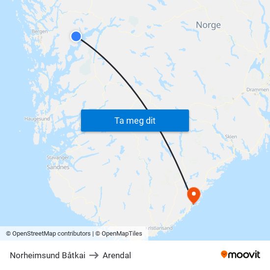 Norheimsund Båtkai to Arendal map