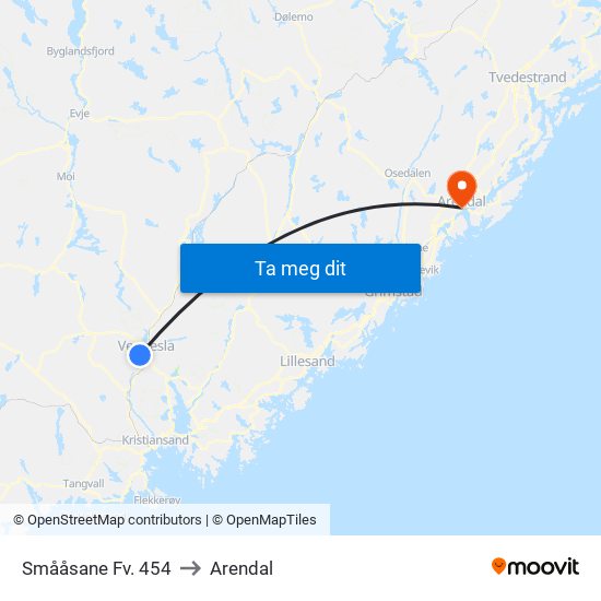 Smååsane Fv. 454 to Arendal map