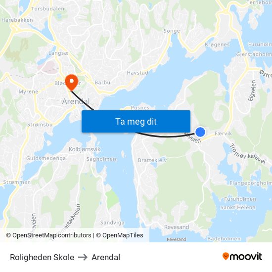 Roligheden Skole to Arendal map